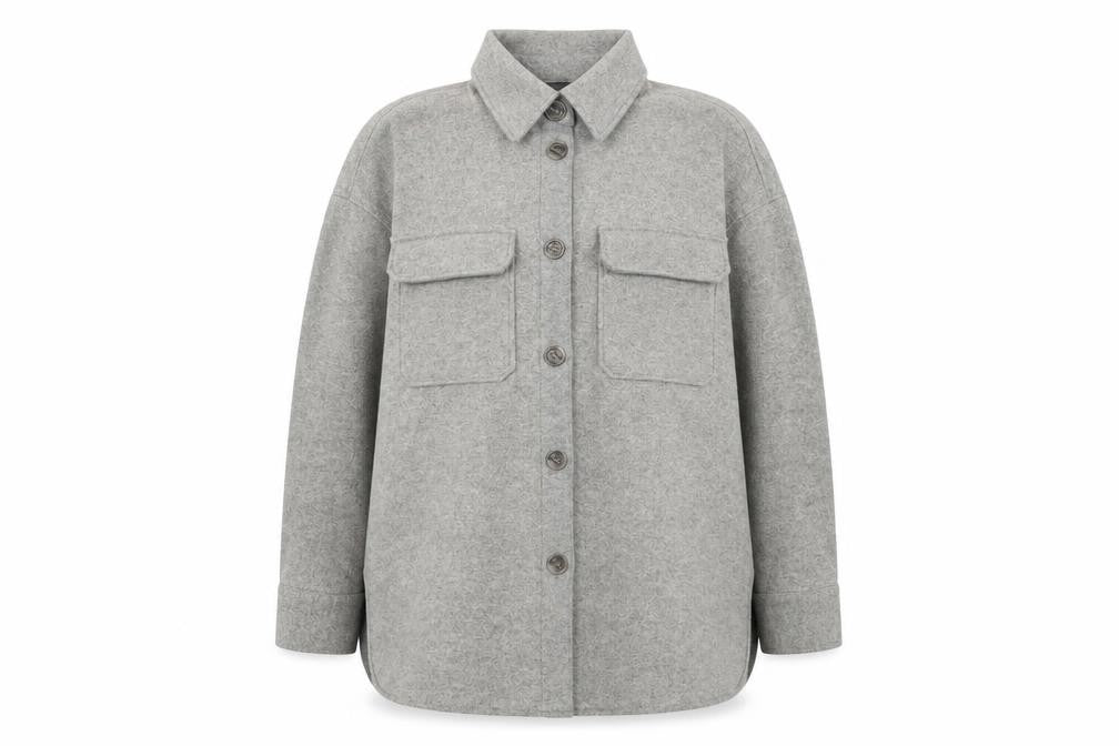 Front view of H&M Women Grey L Relaxed Shacket Jacket Button Down Fleece Mid Length