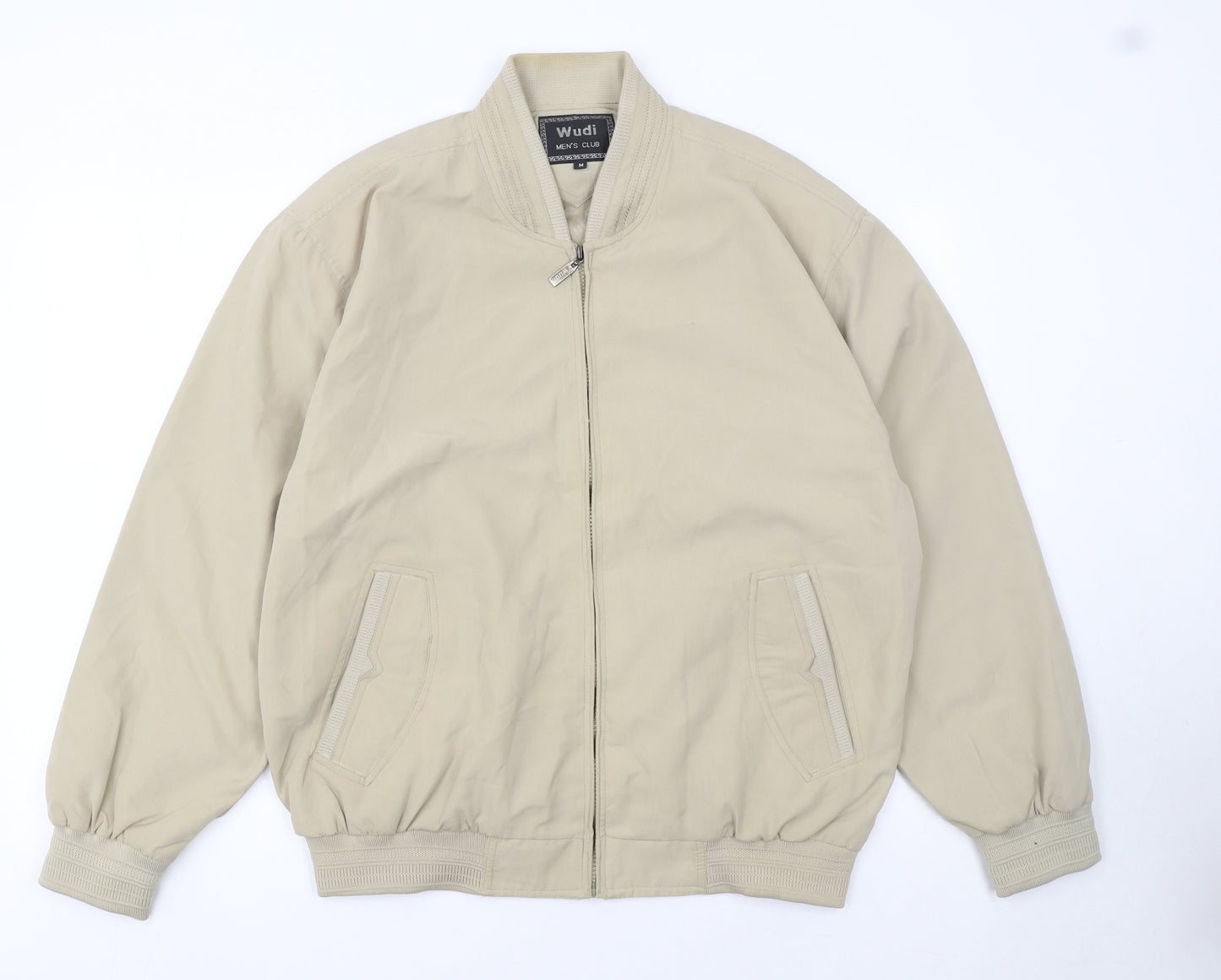 Wudi Men's Beige Bomber Jacket Size M Casual Full Zip Polyester