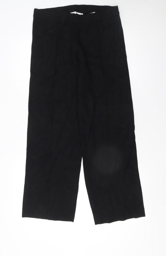 Zara Women Black Cropped Trousers L Viscose Blend Straight Leg