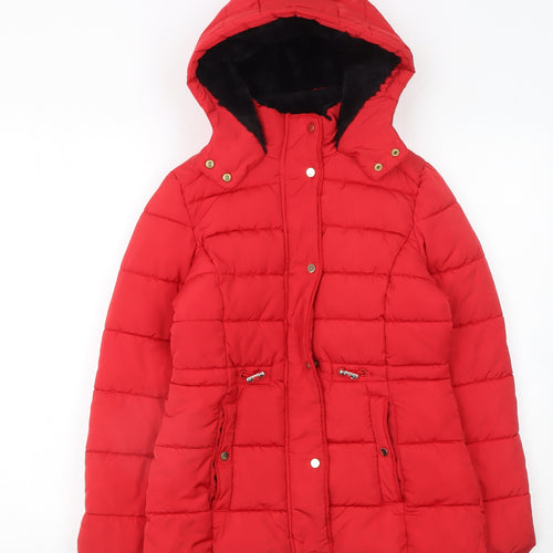George Girls Red Puffer Jacket 11-12 Years Hooded Winter Coat