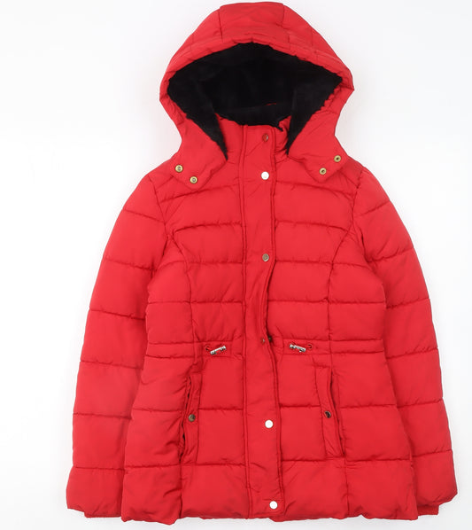 George Girls Red Puffer Jacket 11-12 Years Hooded Winter Coat