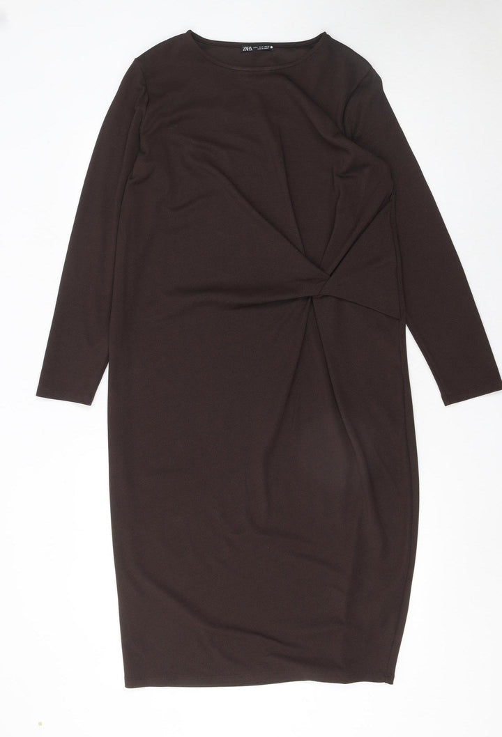 Zara Women Brown Size 12 Sheath Knee Length Long Sleeve Dress