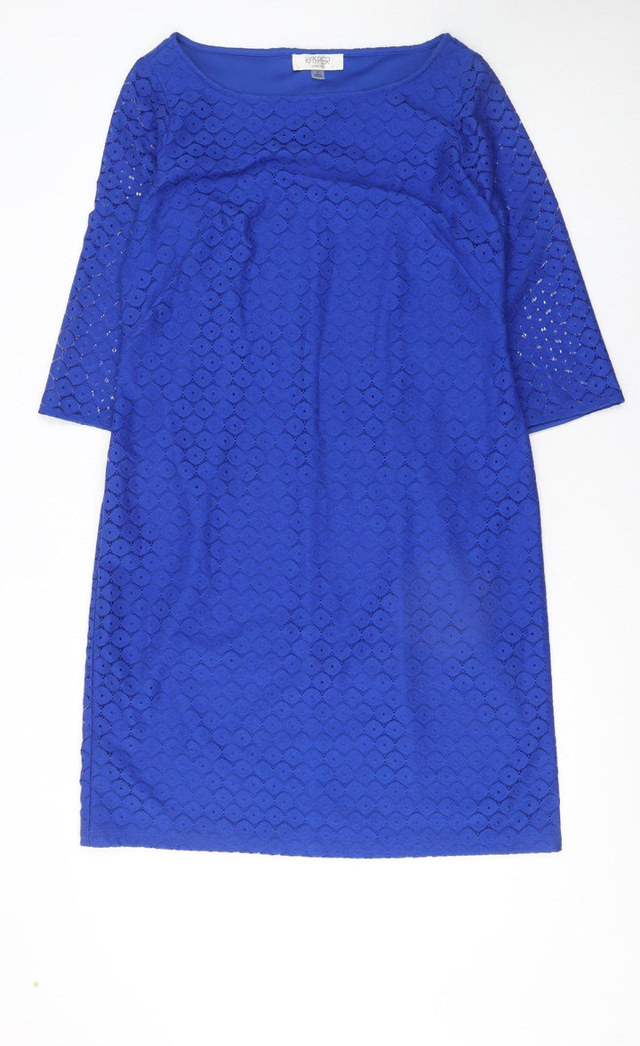 Kasper Women Blue Lace Shift Dress Size 12 Knee Length 3/4 Sleeve