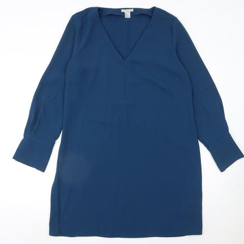 H&M Women Blue Shift Knee Length Dress Size 16 V-Neck Long Sleeve