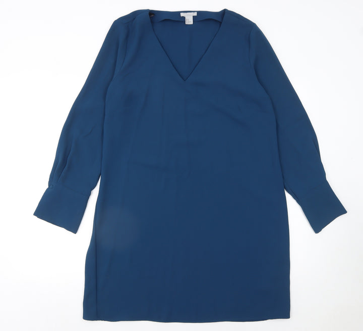 H&M Women Blue Shift Knee Length Dress Size 16 V-Neck Long Sleeve
