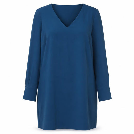 Front view of H&M Women Blue Shift Knee Length Dress, size 16, V-Neck Long Sleeve