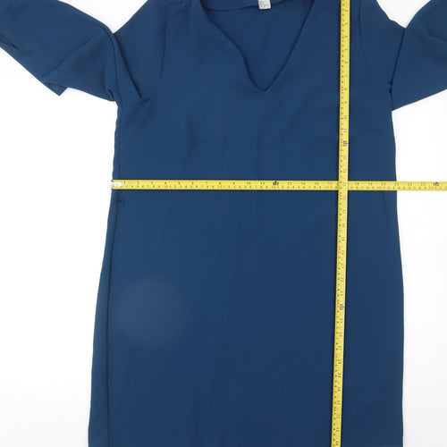 H&M Women Blue Shift Knee Length Dress Size 16 V-Neck Long Sleeve
