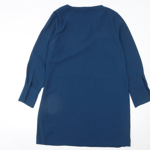 H&M Women Blue Shift Knee Length Dress Size 16 V-Neck Long Sleeve