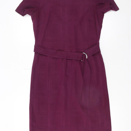 Next Women Purple Knee Length Sheath Dress Size 6 Short Sleeve Belted