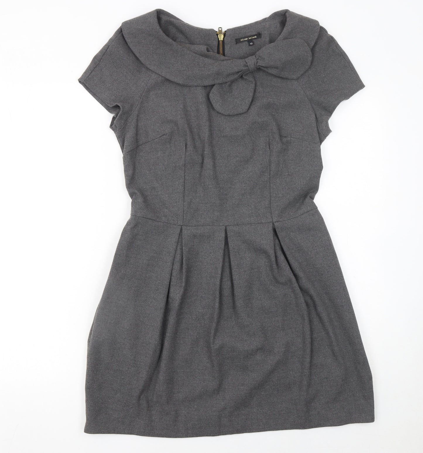 River Island Women Grey Size 10 Fit & Flare Bow Short Sleeve Work Dress