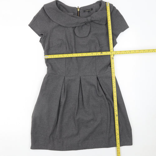River Island Women Grey Size 10 Fit & Flare Bow Short Sleeve Work Dress