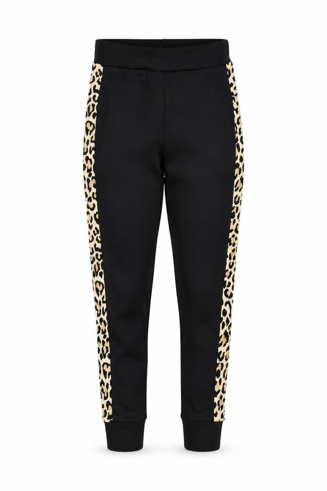 Front view of Quiz women’s black leopard side panel jogger trousers, size UK 8