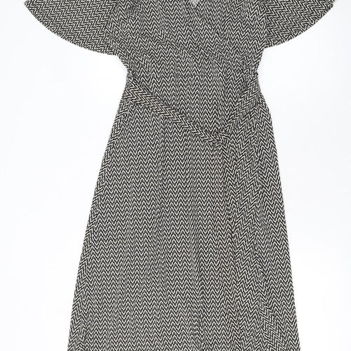 H&M Women Black Wrap Dress S Geometric Short Sleeve V-Neck Workwear