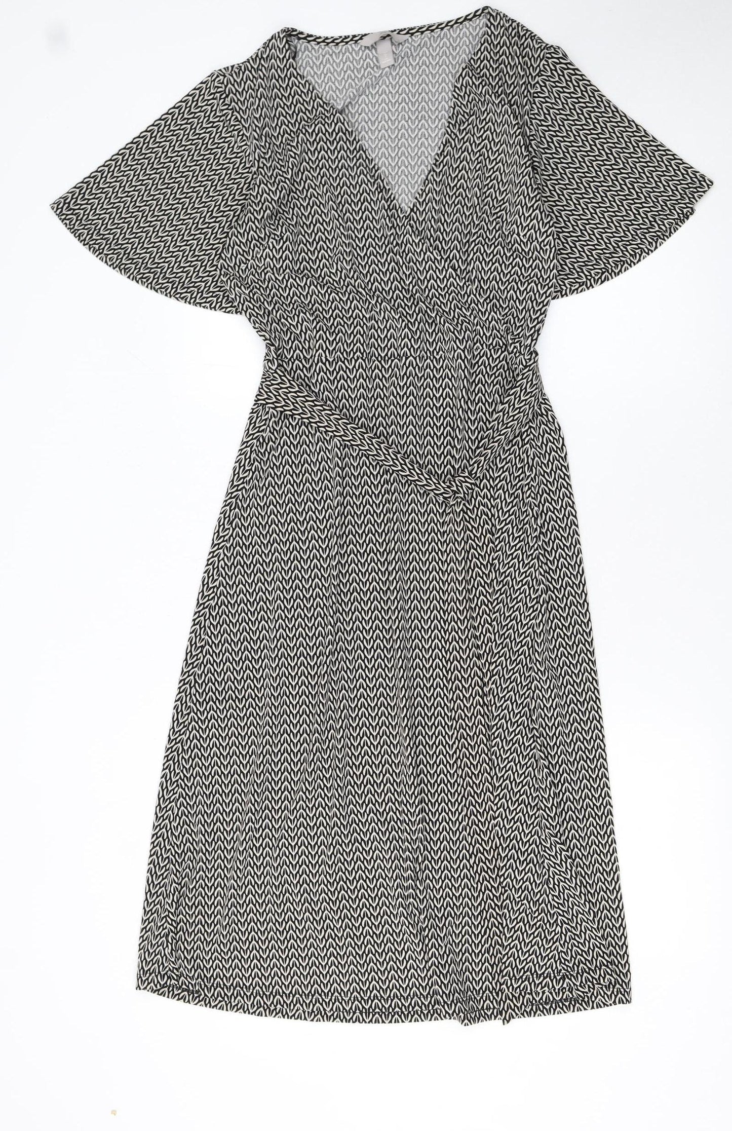 H&M Women Black Wrap Dress S Geometric Short Sleeve V-Neck Workwear