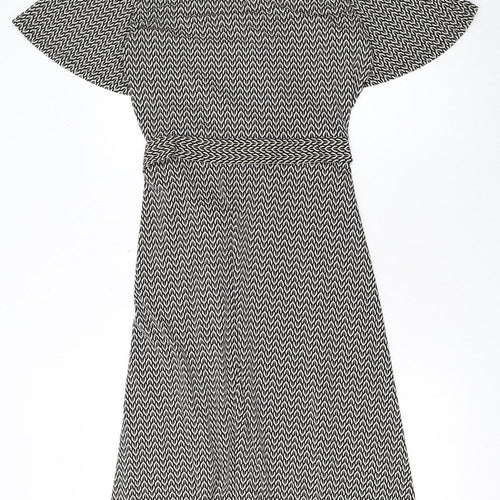 H&M Women Black Wrap Dress S Geometric Short Sleeve V-Neck Workwear