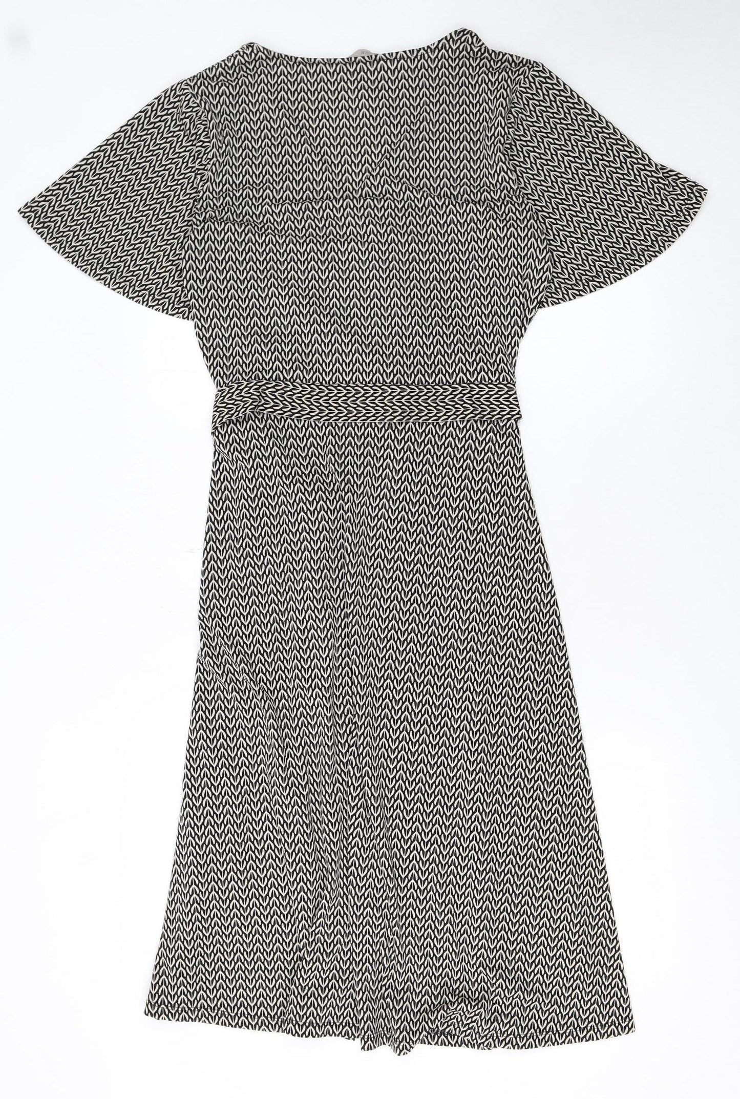 H&M Women Black Wrap Dress S Geometric Short Sleeve V-Neck Workwear