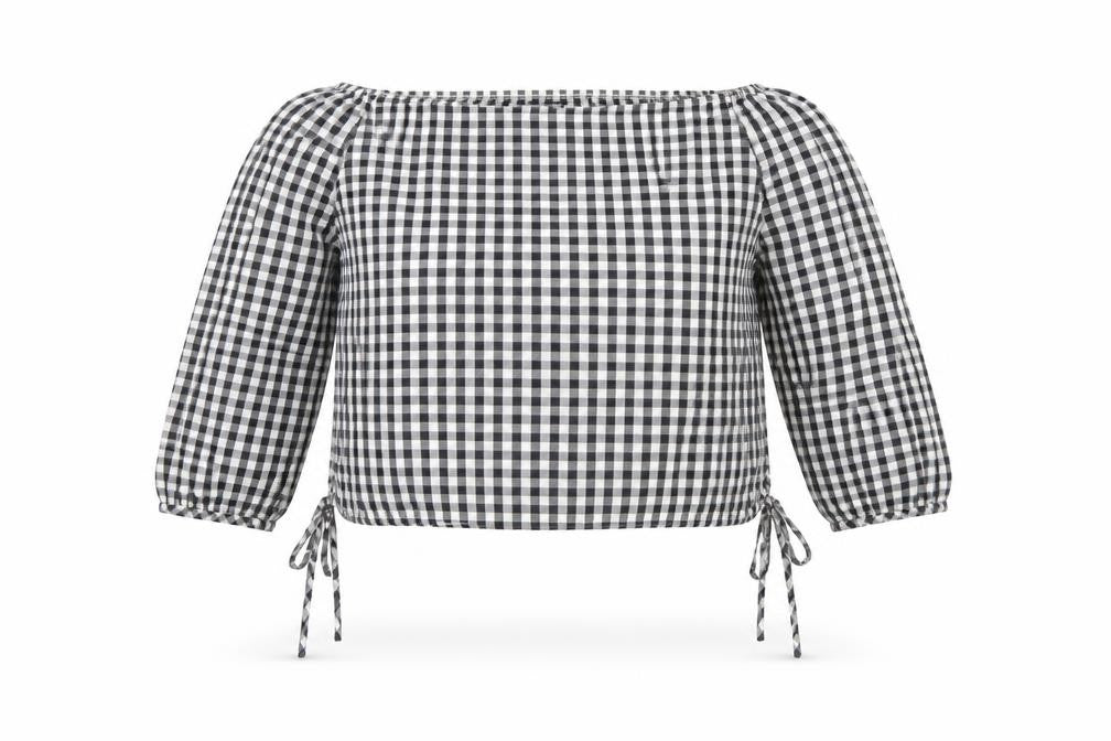 Front view of PRETTYLITTLETHING Women's Black Check Off Shoulder Cropped Blouse, size 8
