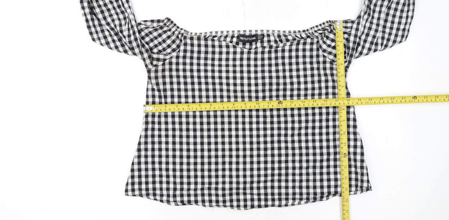 PrettyLittleThing Women's Black Check Off Shoulder Cropped Blouse Size 8