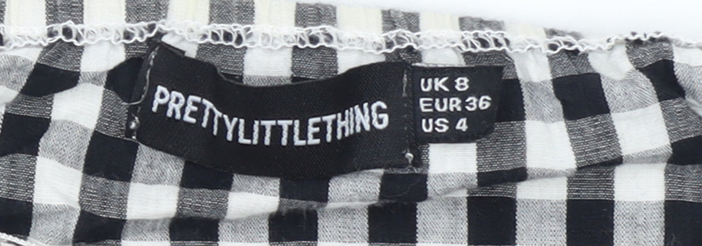 PrettyLittleThing Women's Black Check Off Shoulder Cropped Blouse Size 8