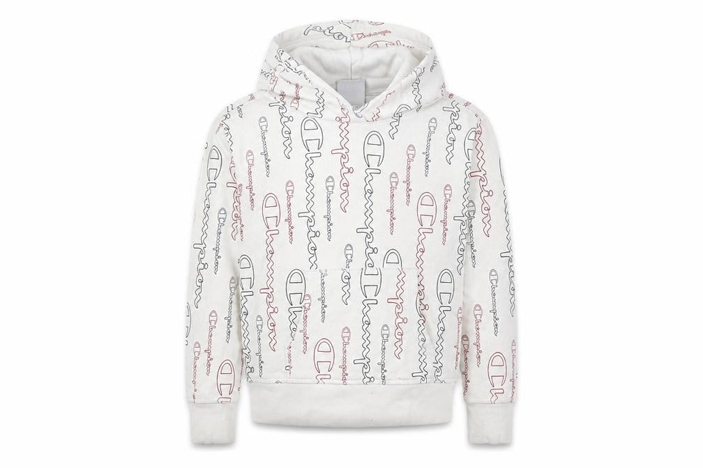 Front view of Champion boys’ white logo pullover hoodie 7-8 years