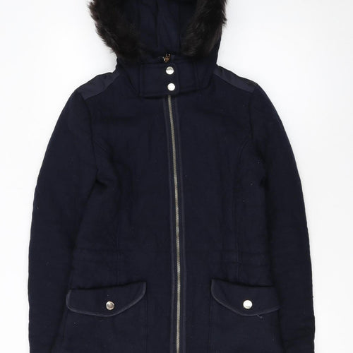 Massimo Dutti Women's Blue Wool Hooded Mid-Length Coat Size 10
