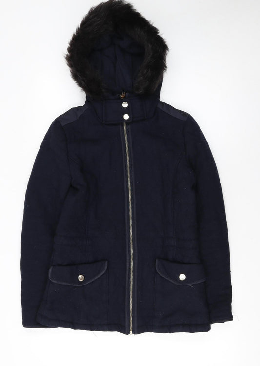 Massimo Dutti Women's Blue Wool Hooded Mid-Length Coat Size 10