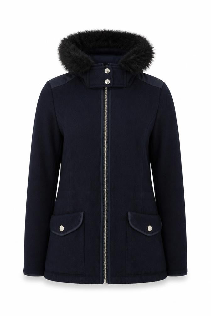 Front view of Massimo Dutti Women's Blue Wool Hooded Mid-Length Coat, size 10