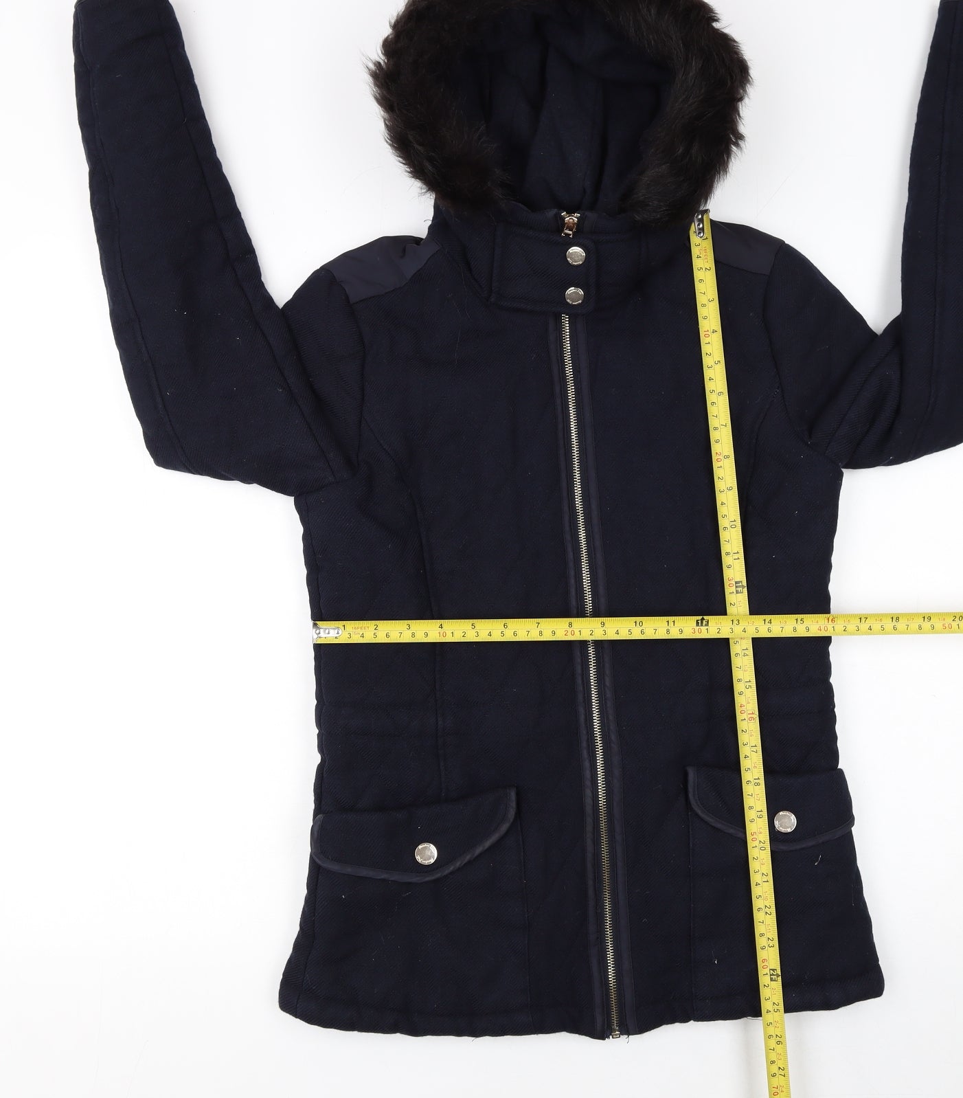 Massimo Dutti Women's Blue Wool Hooded Mid-Length Coat Size 10