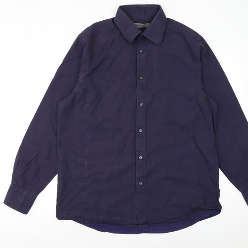 Reiss Men's Blue Cotton Long Sleeve Regular Fit Button-Up Shirt L