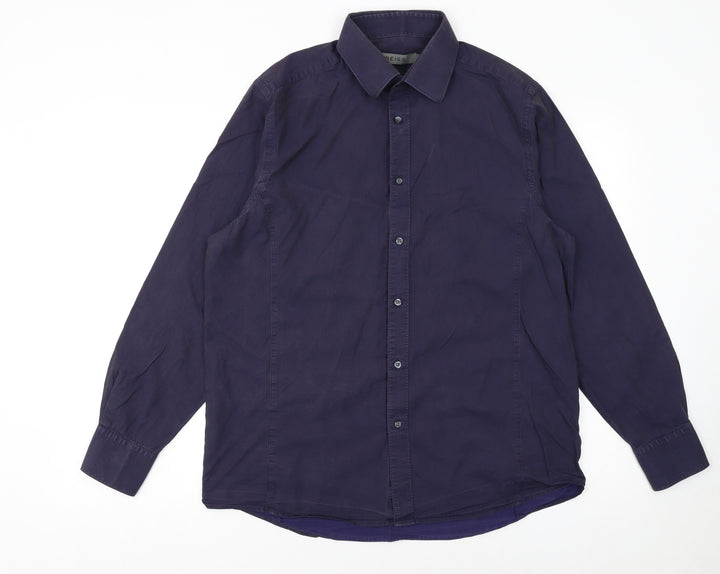 Reiss Men's Blue Cotton Long Sleeve Regular Fit Button-Up Shirt L