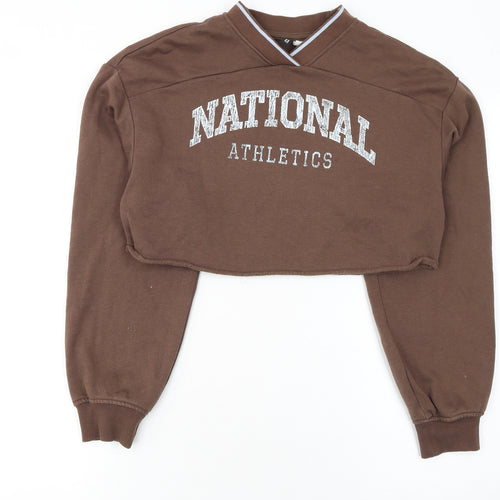 H&M Divided Women Brown Cropped Pullover Sweatshirt XXS National Athletics