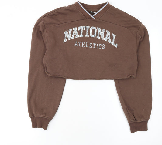 H&M Divided Women Brown Cropped Pullover Sweatshirt XXS National Athletics