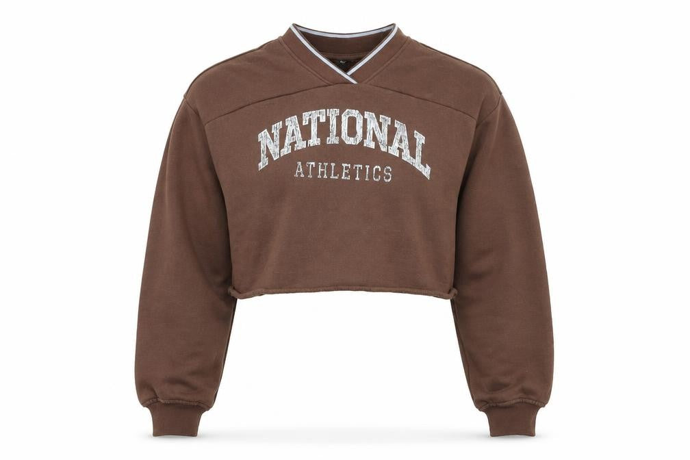 Front view of H&M Divided Women Brown Cropped Pullover Sweatshirt XXS National Athletics