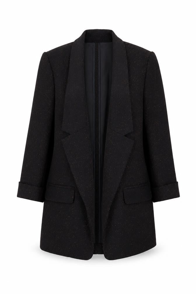Front view of Tu Women Black Metallic Blazer, size 10, Classic Single-Breasted Jacket