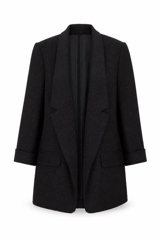 Front view of Tu Women Black Metallic Blazer, size 10, Classic Single-Breasted Jacket