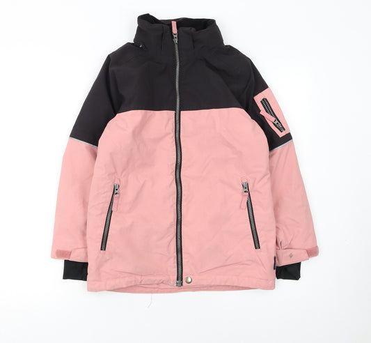 Polarn O. Pyret Girls Pink Black Waterproof Hooded Puffer Jacket 7-8 Years