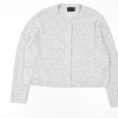 ASOS Women Grey Ribbed Crew Neck Long Sleeve Button Cardigan Size 14