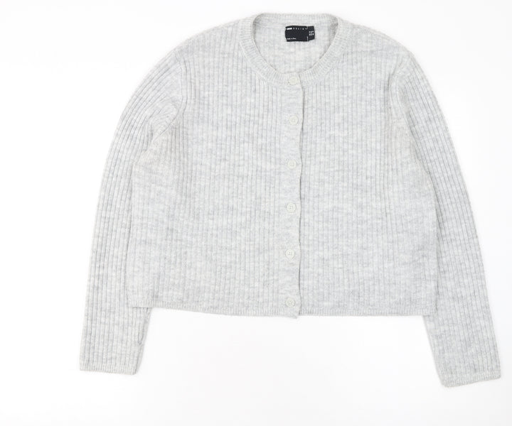 ASOS Women Grey Ribbed Crew Neck Long Sleeve Button Cardigan Size 14