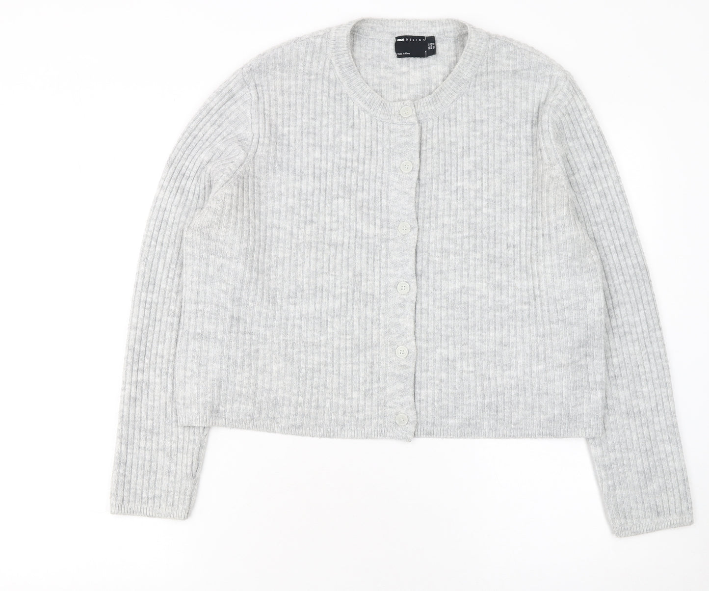 ASOS Women Grey Ribbed Crew Neck Long Sleeve Button Cardigan Size 14