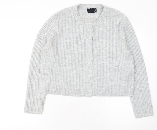 ASOS Women Grey Ribbed Crew Neck Long Sleeve Button Cardigan Size 14