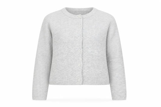 Front view of ASOS Women Grey Ribbed Crew Neck Long Sleeve Button Cardigan, size 14