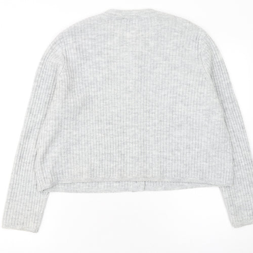 ASOS Women Grey Ribbed Crew Neck Long Sleeve Button Cardigan Size 14