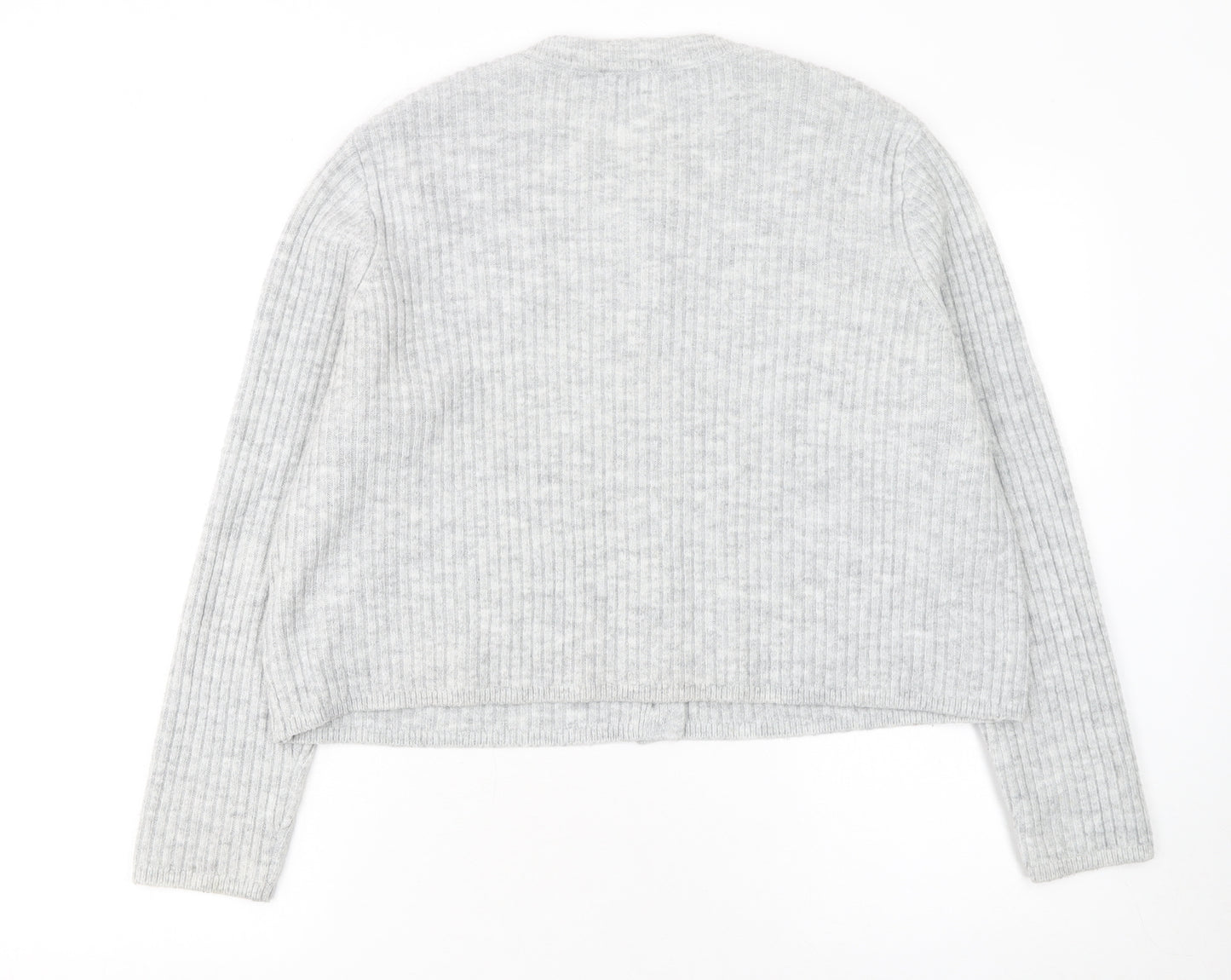 ASOS Women Grey Ribbed Crew Neck Long Sleeve Button Cardigan Size 14