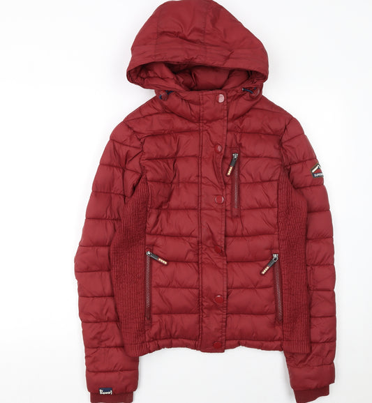 Superdry Women's Red Fuji Puffer Jacket L Hooded Quilted Coat