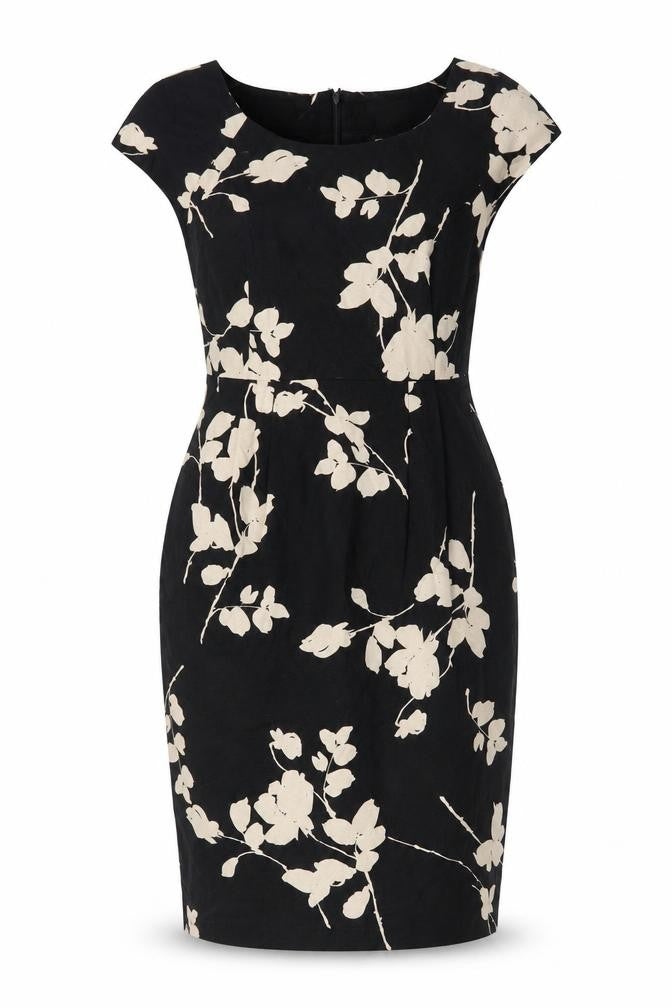Front view of L.K. Bennett Women's Black Floral Sheath Dress, size 12