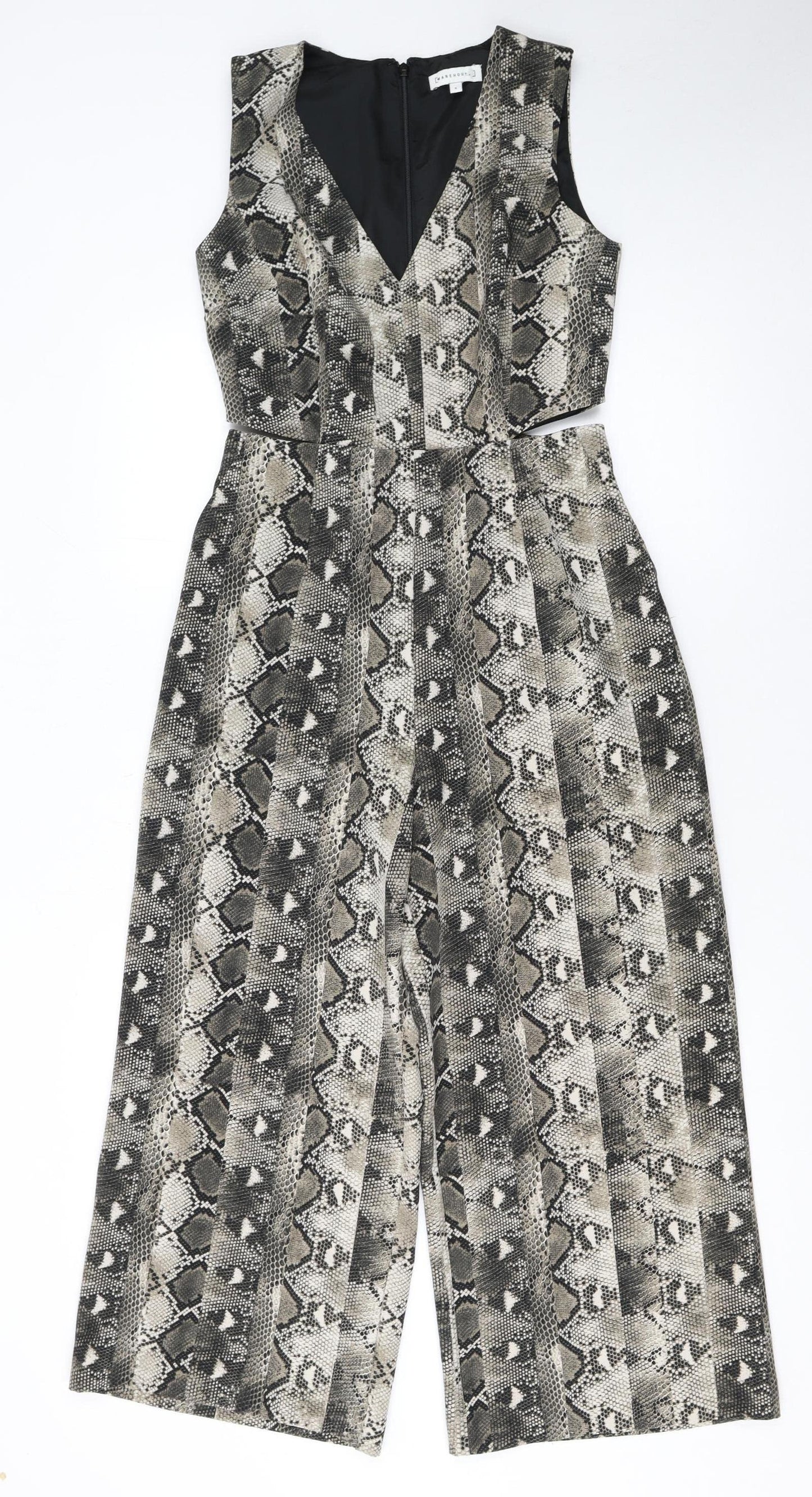 Warehouse Women’s Grey Snakeskin V-Neck Wide-Leg Sleeveless Jumpsuit Size 8