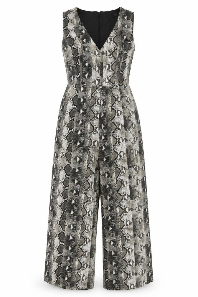 Warehouse Women’s Grey Snakeskin V-Neck Wide-Leg Sleeveless Jumpsuit Size 8