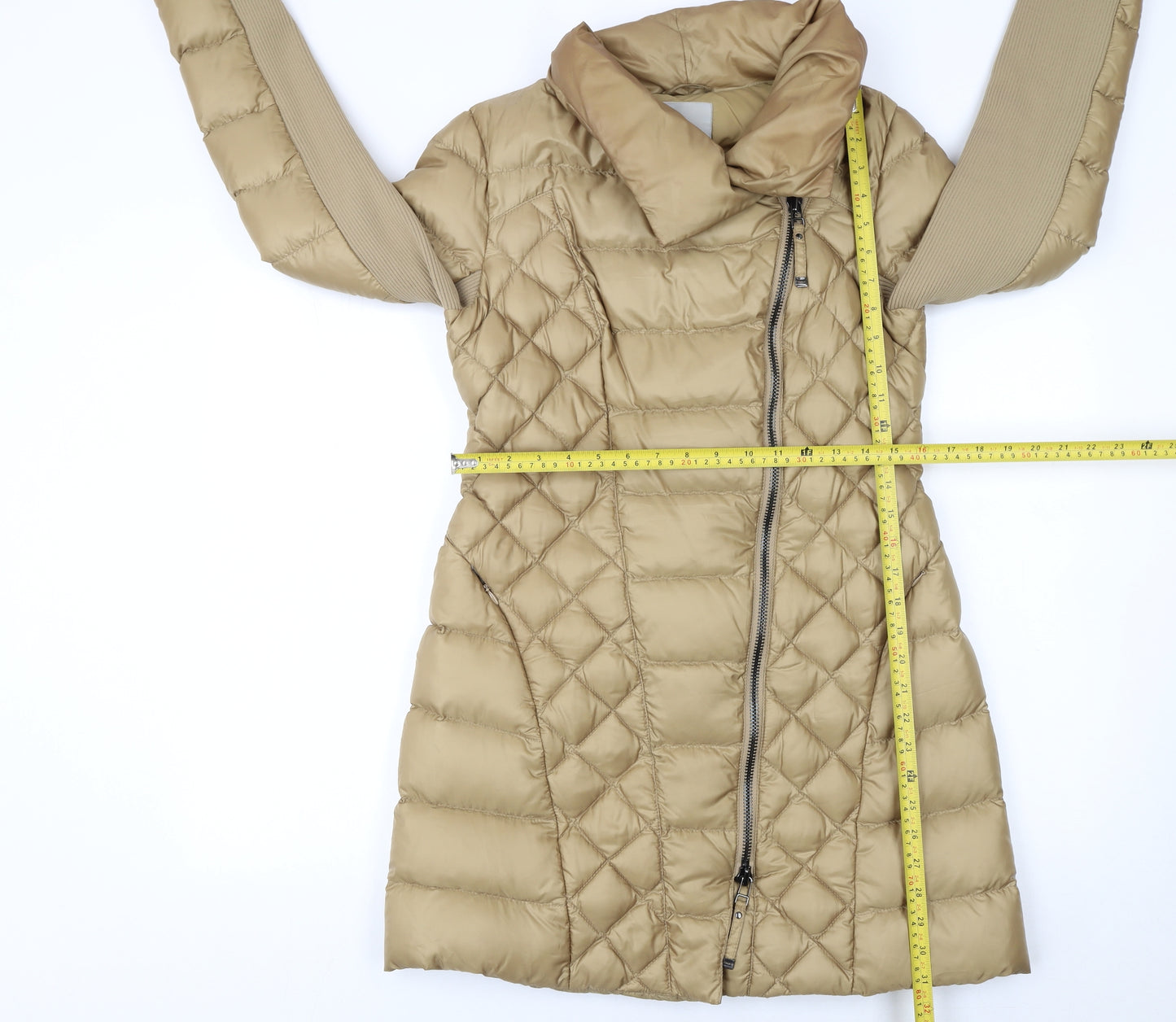 Pinko Women's Beige Long Quilted Puffer Coat Size 12
