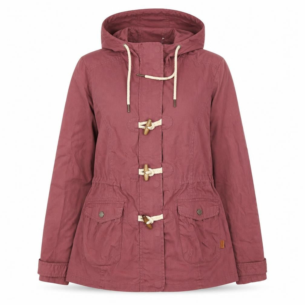 Front view of FatFace Women's Purple Hooded Toggle Jacket, size 8, Cotton Blend