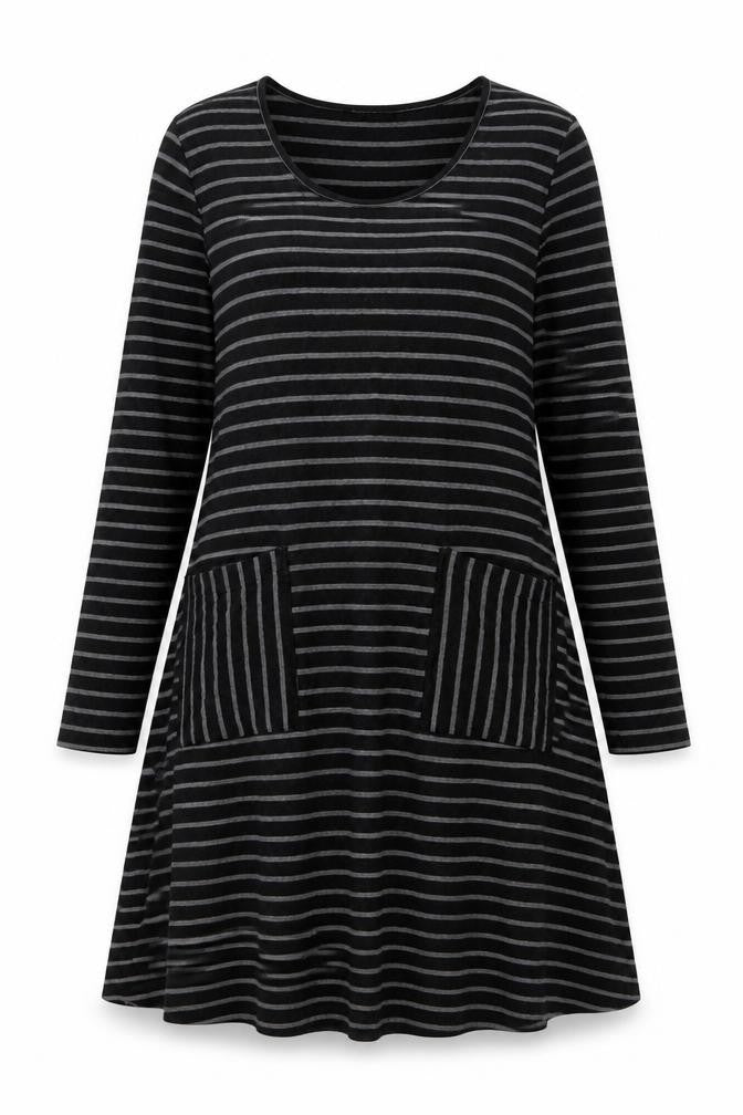 Capri Clothing Women’s Black Striped A-Line Jersey Dress XS Long Sleeve